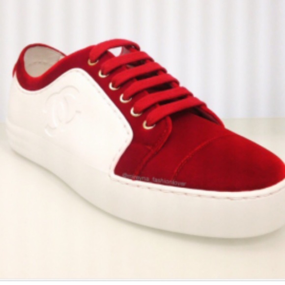 CHANEL Shoes - Red & white velvet Chanel sneakers